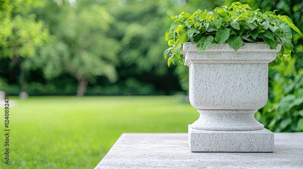 Lush greenery in stone pot, park setting, tranquil scene, ideal for relaxation Lush greenery in stone pot, park setting, tranquil scene, ideal for relaxation