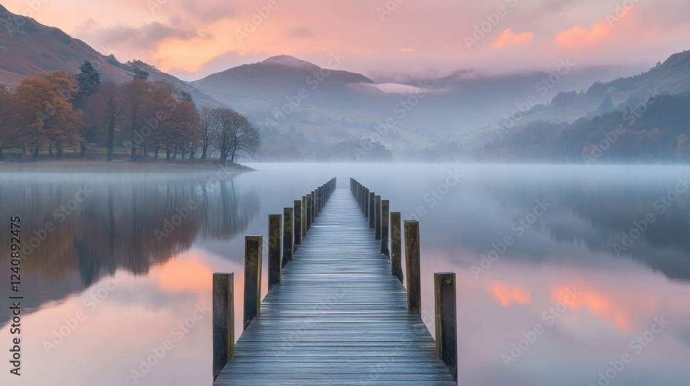 Fototapeta premium Serene Sunrise Over Misty Lake With Wooden Pier