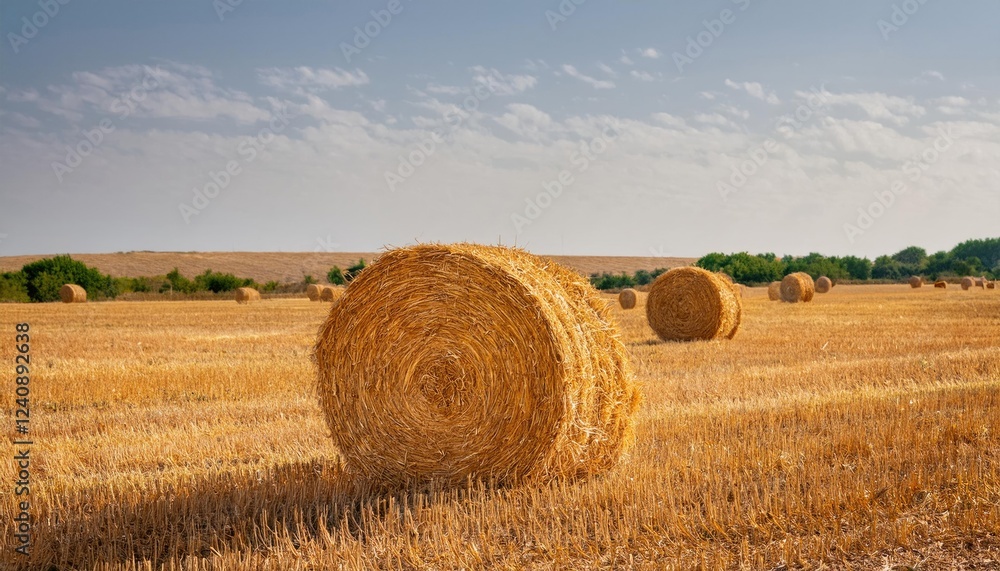 Golden round hay bales drying in the summer sun on a farm field, representing agriculture and farming practices Golden round hay bales drying in the summer sun on a farm field, representing agriculture and farming practices