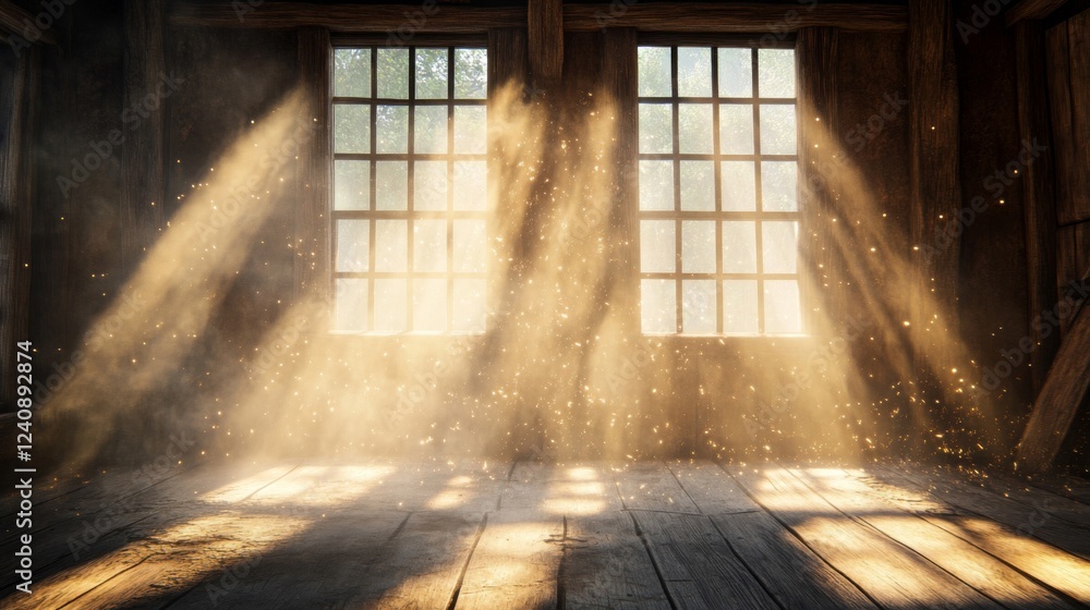 Naklejka premium Dusty Sunbeams in Rustic Wooden Room