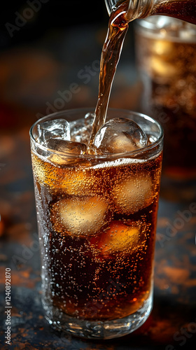 Wallpaper Mural Pouring Brown Carbonated Drink with Ice Cubes into Glass on Rustic Background Torontodigital.ca