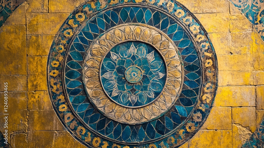 A detailed view of a circular, patterned wall painting. A detailed view of a circular, patterned wall painting.