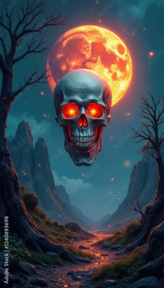 Fiery Celtic tri-skull in a mystical landscape, Mystical, Paganism, Tri Skell Fiery Celtic tri-skull in a mystical landscape, Mystical, Paganism, Tri Skell