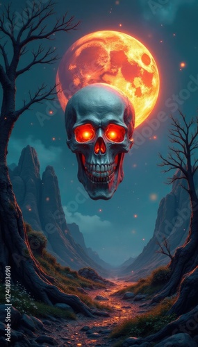 Fiery Celtic tri-skull in a mystical landscape, Mystical, Paganism, Tri Skell photo