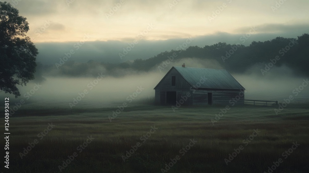 Old Wooden Barn in Foggy Field at Sunrise