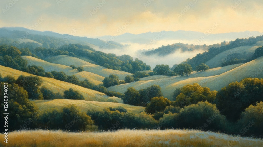 Serene Morning Mist in Rolling Green Hills Serene Morning Mist in Rolling Green Hills