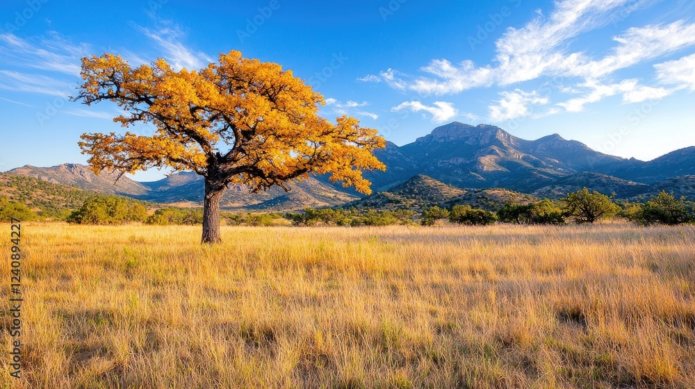 Golden autumn tree in mountain meadow landscape Golden autumn tree in mountain meadow landscape