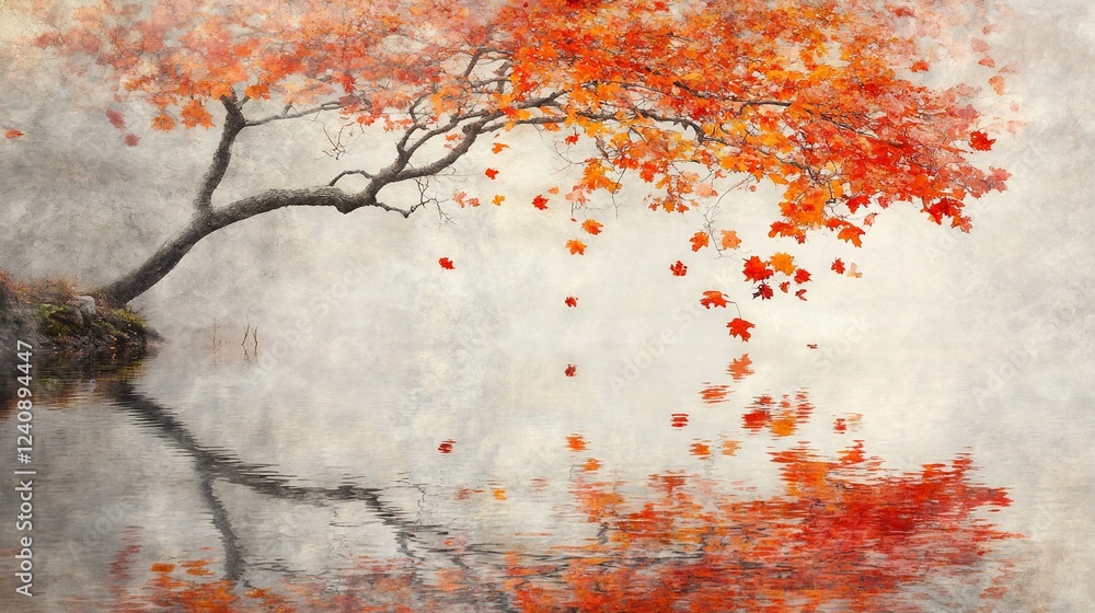 Autumn tree, leaves falling, misty lake, tranquil scene, nature