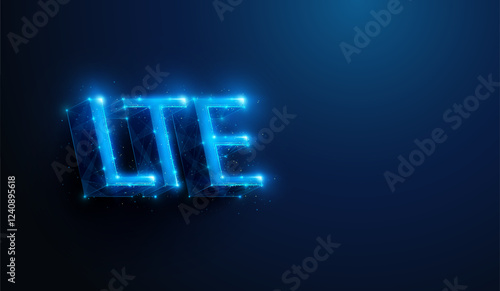Lowpoly LTE Mobile Communication Technology. Abstract geometric 3D abbreviation illustration on wireless mobile network connection tech concept by wireframe mesh on blue background.