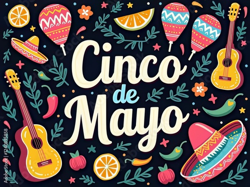 Cinco de Mayo festive illustration with guitars and sombreros