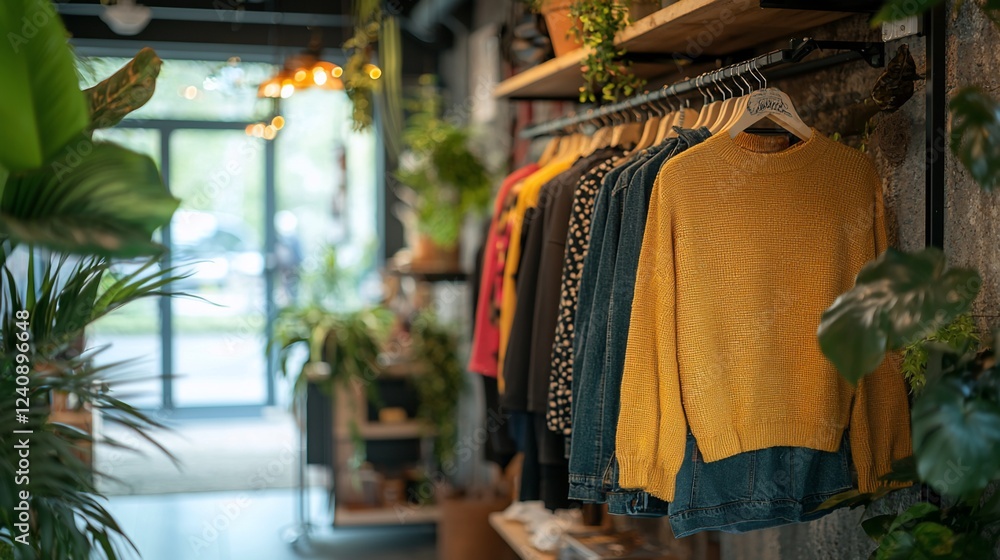 Fototapeta premium Stylish sweaters hanging in a plant-filled boutique