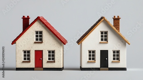 Wallpaper Mural Two miniature houses with different roof styles and door colors, set against a neutral background, highlighting architectural variety. Torontodigital.ca