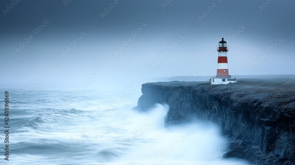 Red And White Lighthouse On A Cliff During A Storm Red And White Lighthouse On A Cliff During A Storm