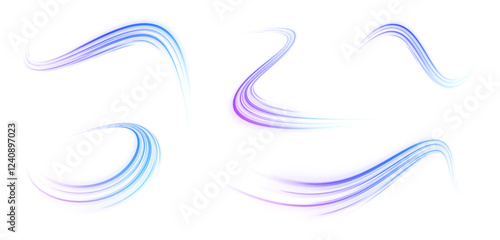 Acceleration speed motion on night road. Magic moving fast speed lines. Blurred car light motion effect, city road background with long exposure night lights. Png,  ray, abstract, energy, pack, effect