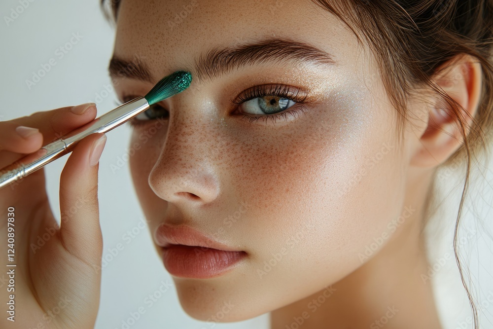 A young woman with freckles applies green glitter eyeshadow using a brush, enhancing her natural beauty. A young woman with freckles applies green glitter eyeshadow using a brush, enhancing her natural beauty.