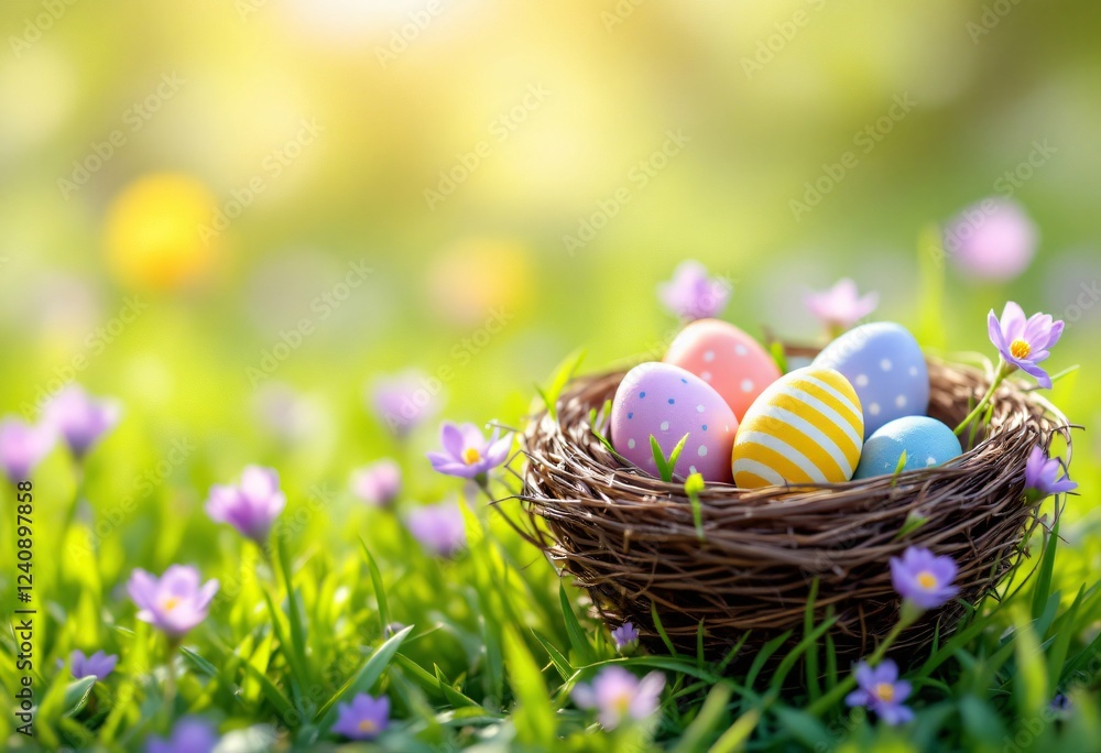 Colorful Easter eggs in natural brown nest surrounded by spring purple wildflowers and green grass. Holiday decoration in sunny garden. Festive outdoor scene with bokeh background Colorful Easter eggs in natural brown nest surrounded by spring purple wildflowers and green grass. Holiday decoration in sunny garden. Festive outdoor scene with bokeh background
