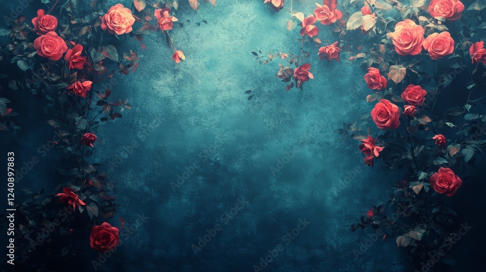 Dark Teal Background With Blooming Red Roses Climbing A Wall. Dark Teal Background With Blooming Red Roses Climbing A Wall.