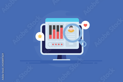 Customer behaviour tracking and profile analytics, marketing data for online ad campaign and target audience on internet platform, vector illustration.