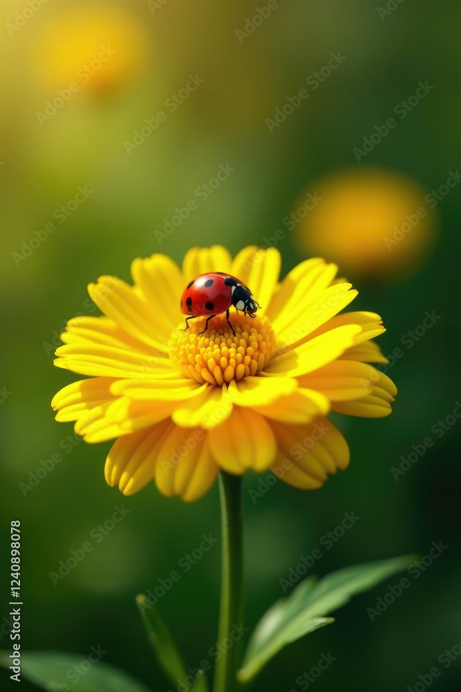 Delicate ladybug lands on a golden yellow chrysanthemum flower, bloom, nature, sunny Delicate ladybug lands on a golden yellow chrysanthemum flower, bloom, nature, sunny