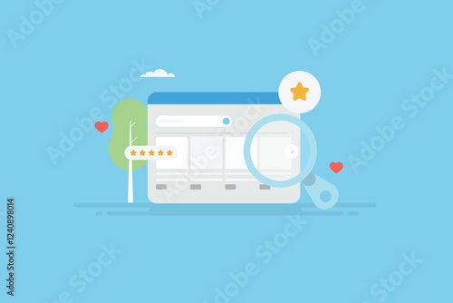 eCommerce product SEO, include meta description on online shopping website store for higher visibility on search page, vector illustration.