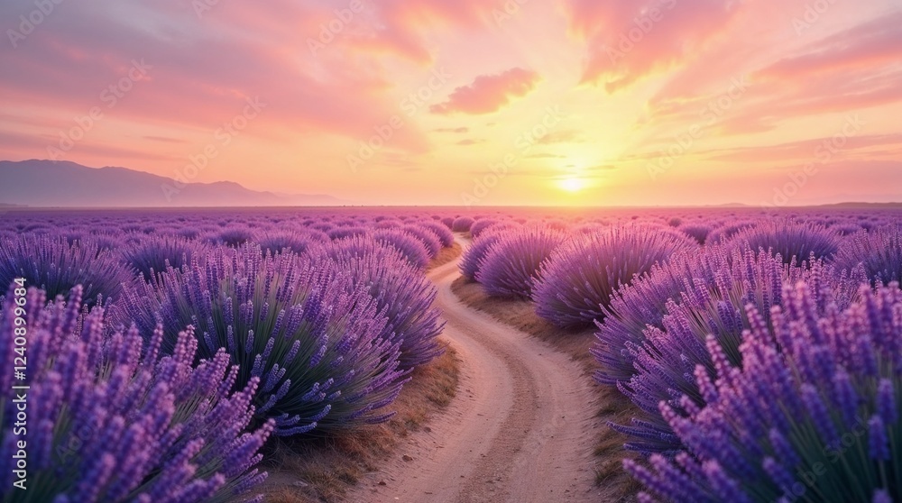 Fototapeta premium Lavender Sunrise with Peaceful Rural Road at Dawn with Copy Space 