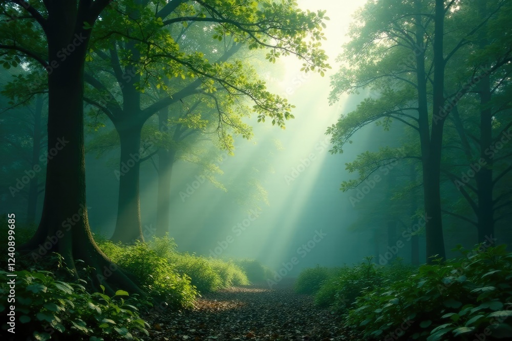 Obraz premium Oxygen-rich air fills misty forest atmosphere, oxygen, foliage, mist