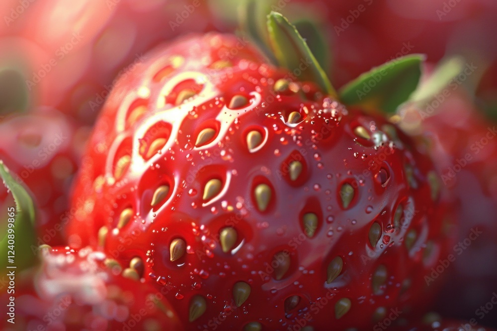 Macro close up of a ripe, juicy red strawberry glistening with water droplets, highlighting its seeds and texture Macro close up of a ripe, juicy red strawberry glistening with water droplets, highlighting its seeds and texture