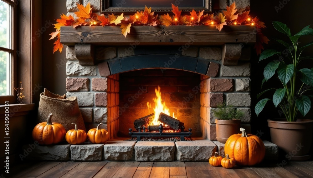 rustic decorations surrounding the fireplace with a crackling fire, rustic decor, leaves, pumpkins rustic decorations surrounding the fireplace with a crackling fire, rustic decor, leaves, pumpkins