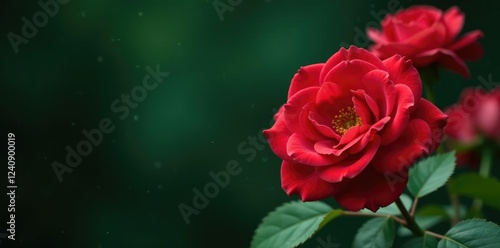 Red floribunda roses in full bloom against a lush dark green background, foliage, blooming, nature photo