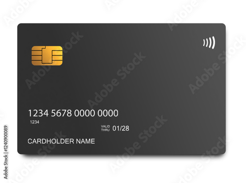 A detailed close-up of a dark-colored credit card vector mockup. The card displays a microchip, contactless payment symbol, and placeholder information, suggesting a design template for payment cards.