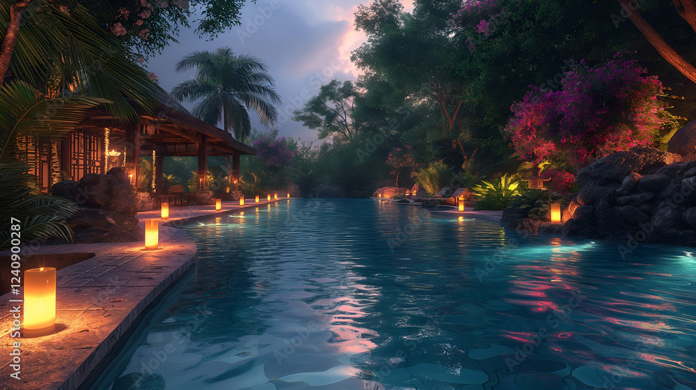 Serene Tropical Resort Night Pool Scene, Peaceful Relaxation with Candles and Zen Spa Oasis. Serene Tropical Resort Night Pool Scene, Peaceful Relaxation with Candles and Zen Spa Oasis.