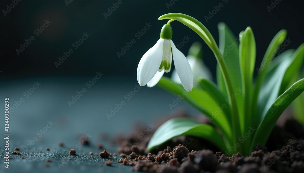 Obraz premium Snowdrop flower's white petals glisten on dark surface, macro, background