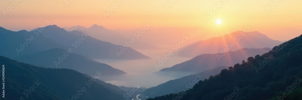 Obraz premium Soft morning light filtering through mountains peaks, fog, serene, sunrise