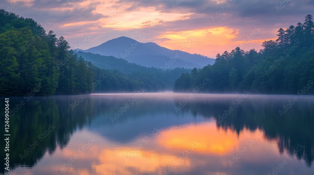 Fototapeta premium Misty Lake Sunrise with Mountain Reflections