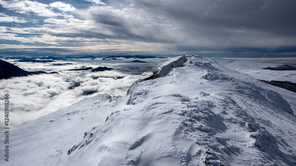 Obraz premium Paysage enneigé de montagne en hiver dans le massif du Vercors dans le département de la Drôme en France autour du plateau d'Ambel