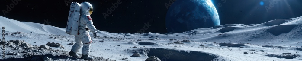 Obraz premium Astronaut views distant blue Earth from lunar surface, celestial, background, spectacular