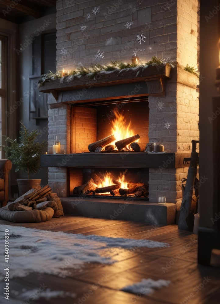 Winter evening scene with a burning fireplace and snowflakes falling, winter evening, frosty air, quiet solitude Winter evening scene with a burning fireplace and snowflakes falling, winter evening, frosty air, quiet solitude