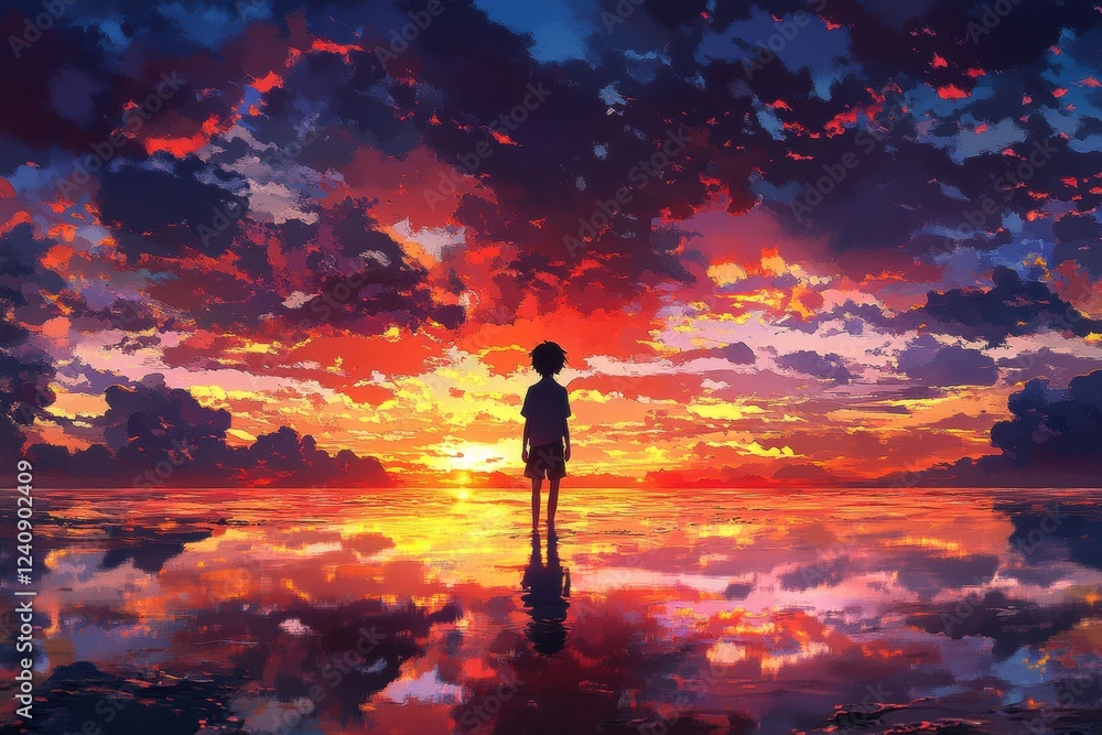 Fototapeta premium Silhouette of a Child Against a Vibrant Sunset Over a Reflective Ocean with Dramatic Clouds