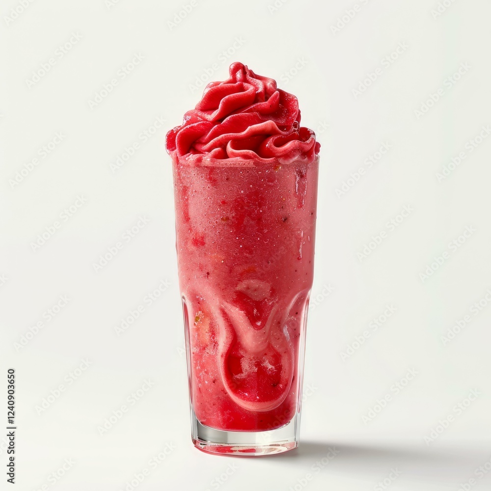 Glass of blended red fruit smoothie topped with a swirl of whipped cream, creating a vibrant and refreshing summer beverage Glass of blended red fruit smoothie topped with a swirl of whipped cream, creating a vibrant and refreshing summer beverage