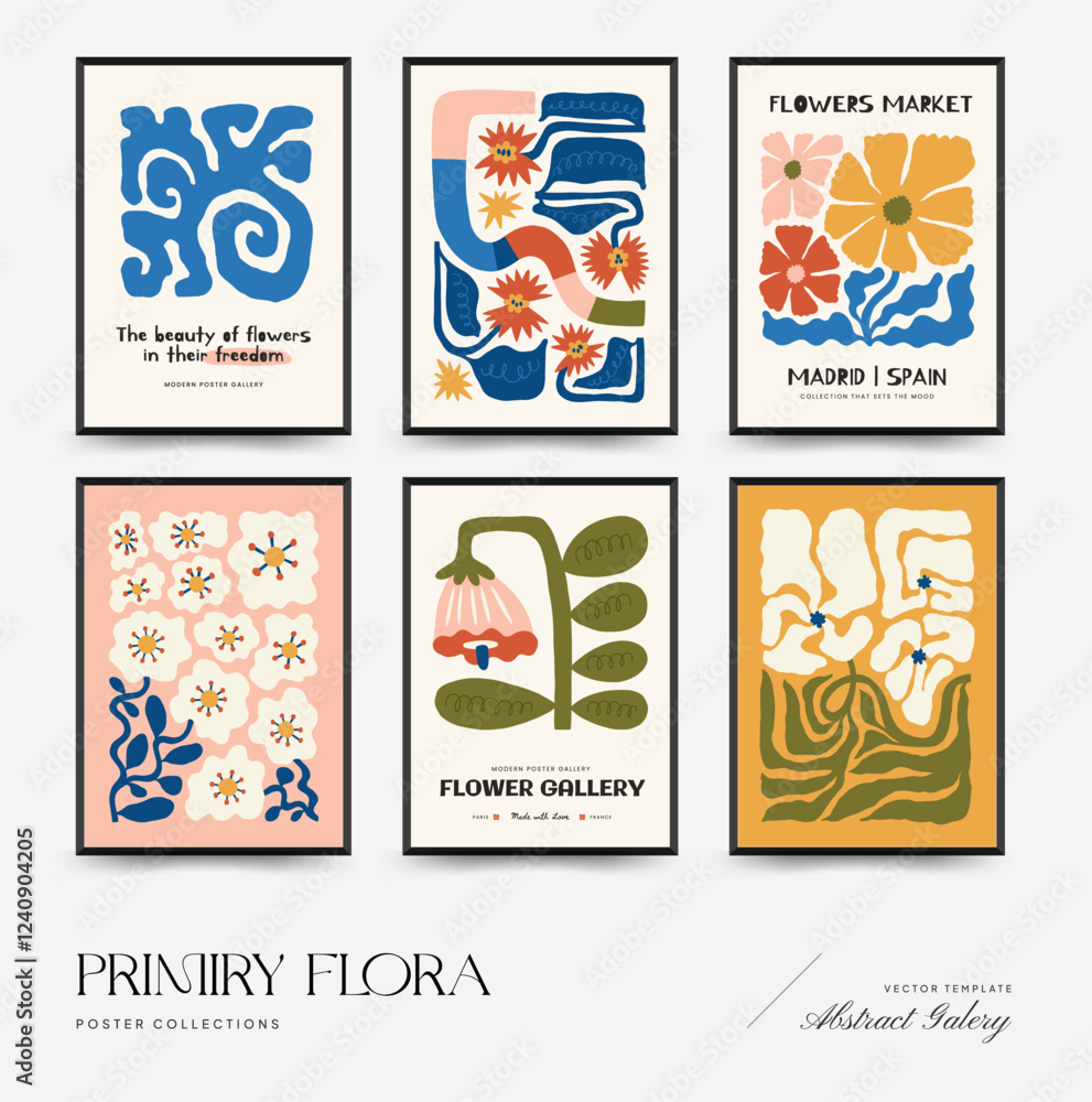 Fototapeta premium Abstract floral posters template. Modern trendy Matisse minimal style. Pink and blue colors. Hand drawn design for wallpaper, wall decor, print, postcard, cover, template, banner.
