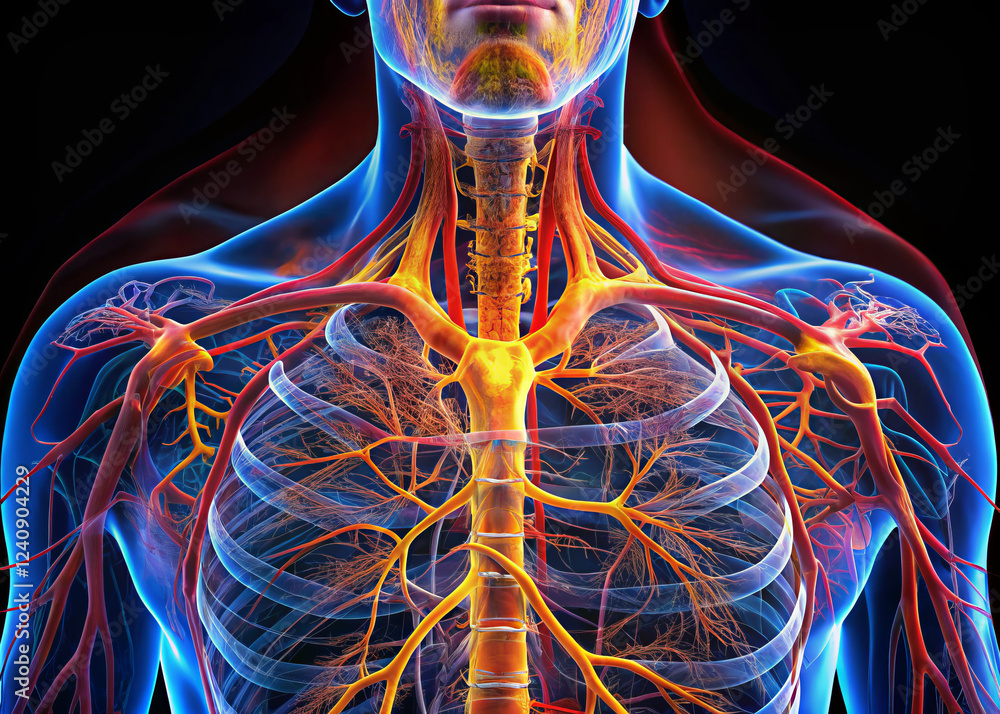 Anatomical illustration of human circulatory system, showcasing arteries and veins in vibrant colors. This detailed image highlights complexity of blood vessels Anatomical illustration of human circulatory system, showcasing arteries and veins in vibrant colors. This detailed image highlights complexity of blood vessels