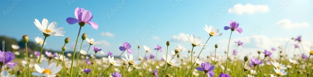 A field of white and purple flowers swaying in the wind against a soft blue sky with a few wispy clouds, sunny, sky, warm A field of white and purple flowers swaying in the wind against a soft blue sky with a few wispy clouds, sunny, sky, warm