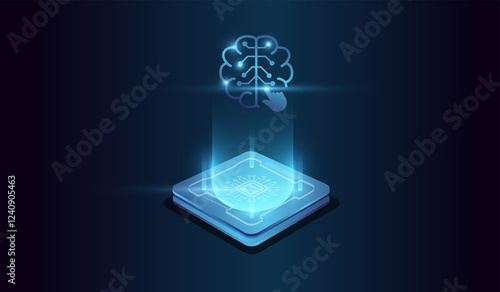 A digital brain form composed of lines, triangles, binary digits and dots. High tech style artificial intelligence concept vector illustration. photo