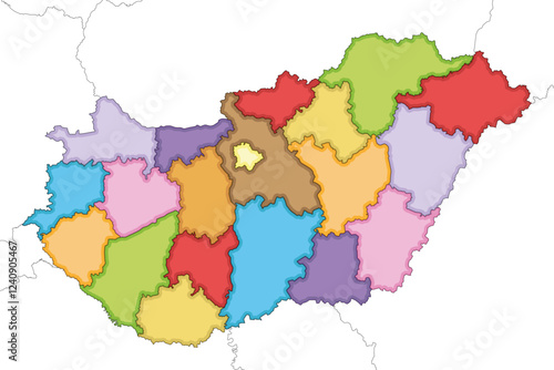 Vector illustrated regional blank map of Hungary with counties and administrative divisions, and neighbouring countries and territories. Editable and clearly labeled layers.