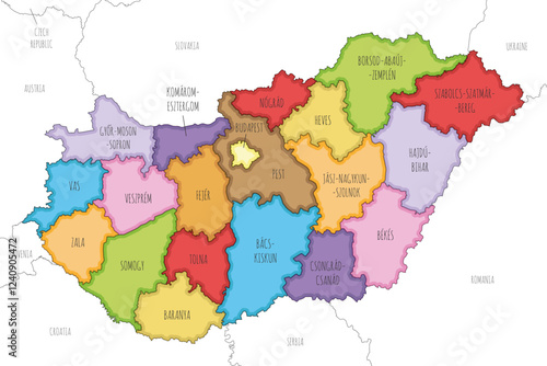 Vector illustrated regional map of Hungary with counties and administrative divisions, and neighbouring countries and territories. Editable and clearly labeled layers.