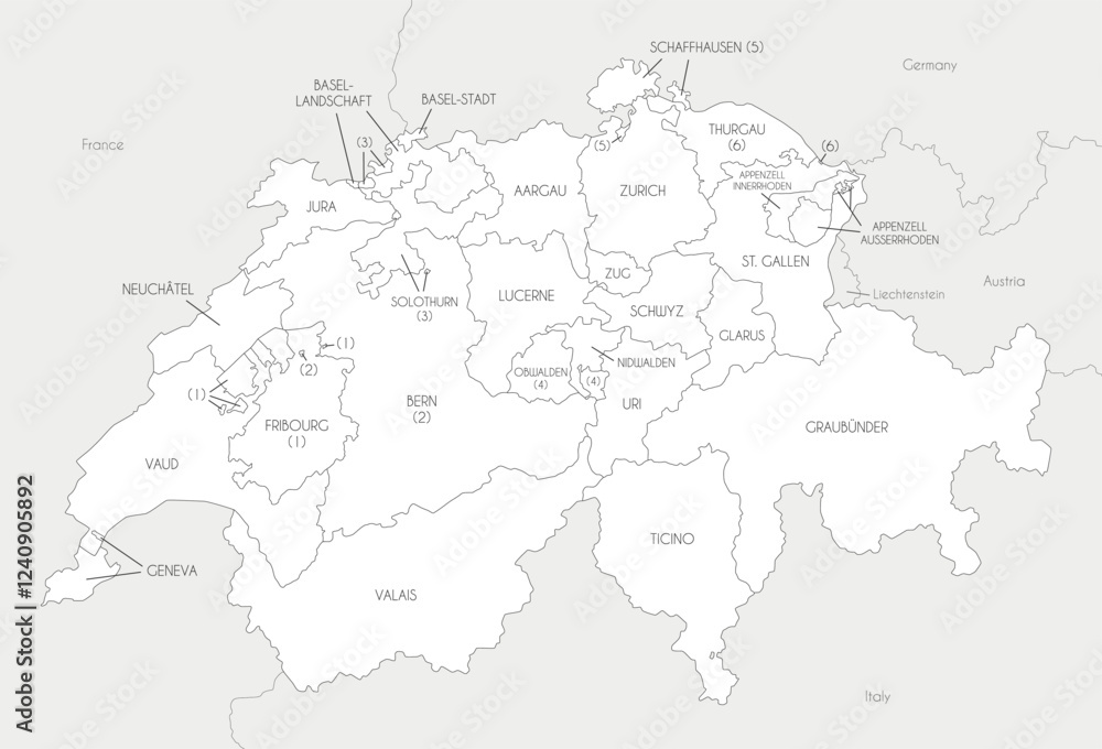 Vector regional map of Switzerland with cantons and administrative divisions, and neighbouring countries and territories. Editable and clearly labeled layers. Vector regional map of Switzerland with cantons and administrative divisions, and neighbouring countries and territories. Editable and clearly labeled layers.