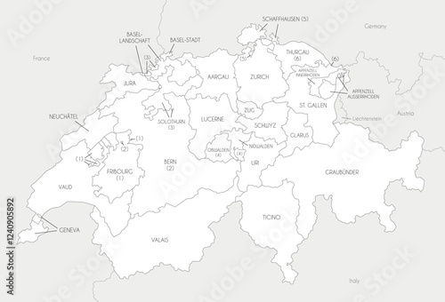 Vector regional map of Switzerland with cantons and administrative divisions, and neighbouring countries and territories. Editable and clearly labeled layers.