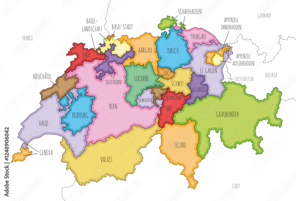 Fototapeta Vector illustrated regional map of Switzerland with cantons and administrative divisions, and neighbouring countries and territories. Editable and clearly labeled layers.