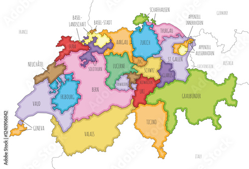 Vector illustrated regional map of Switzerland with cantons and administrative divisions, and neighbouring countries and territories. Editable and clearly labeled layers.