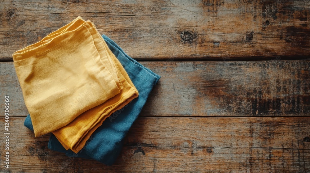 Fototapeta premium Two folded cloths on a rustic wooden surface.